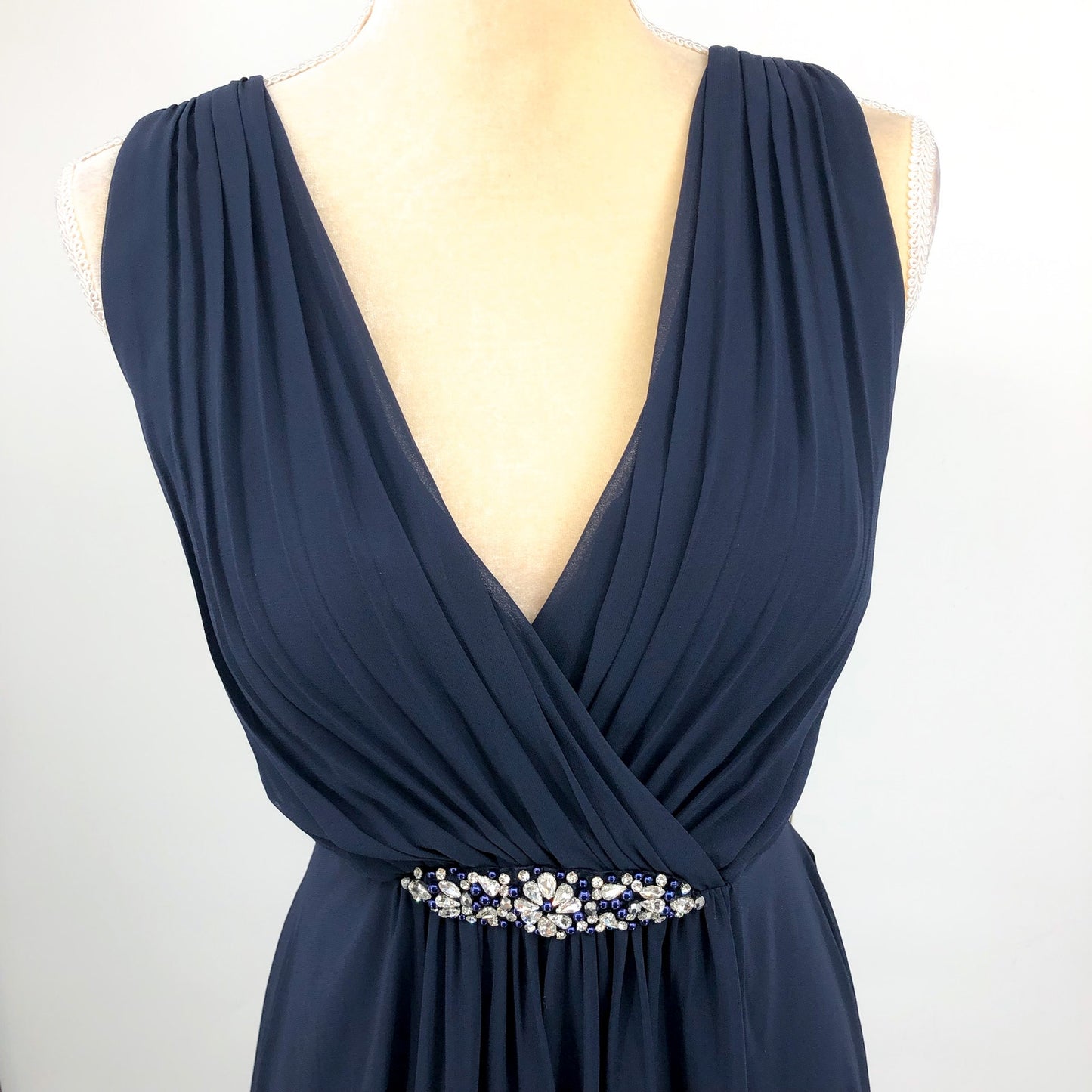 ELIZA J High Low Chiffon Long Dress Size 8 Navy Blue Embellished Sleeveless NWT