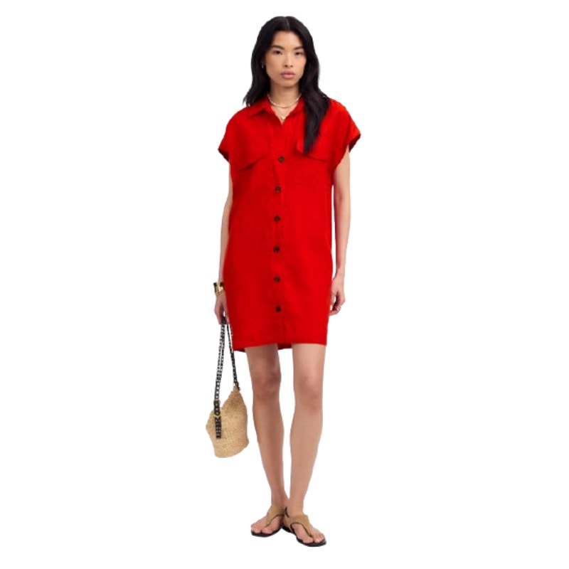 MADEWELL Utility Short-Sleeve Mini Shirtdress XS Red 100% Linen NV453 NWT