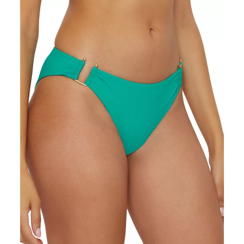 BECCA Women's Modern Edge Buckle Hipster Bikini Bottoms Small Green Peacock NWOT