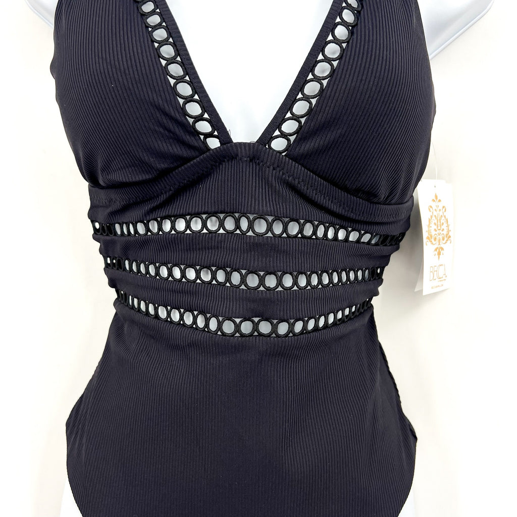 BECCA Women's Toni Plunge One Piece Swimsuit Medium Black Modern Edge Rib NWT
