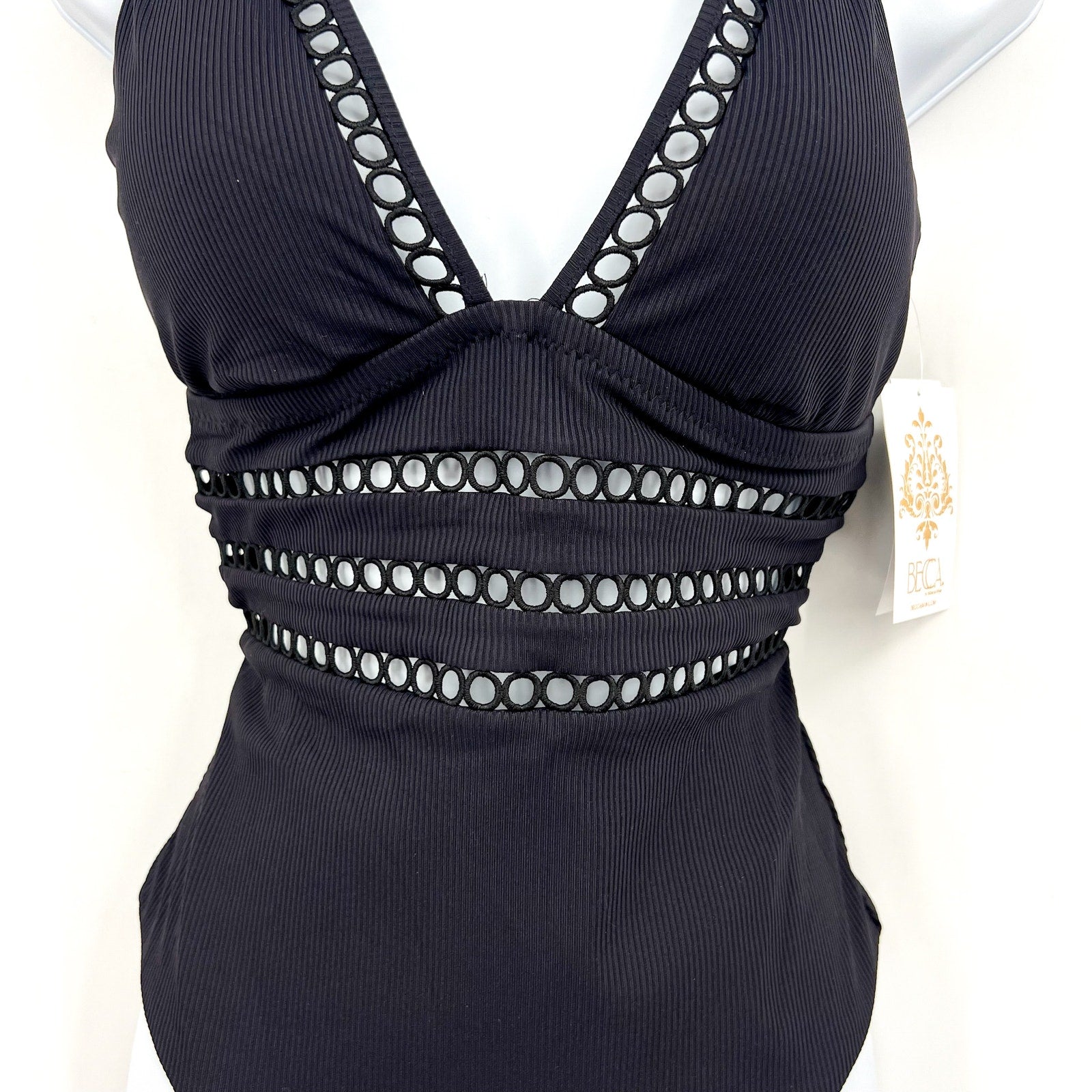 BECCA Women's Toni Plunge One Piece Swimsuit Medium Black Modern Edge Rib NWT