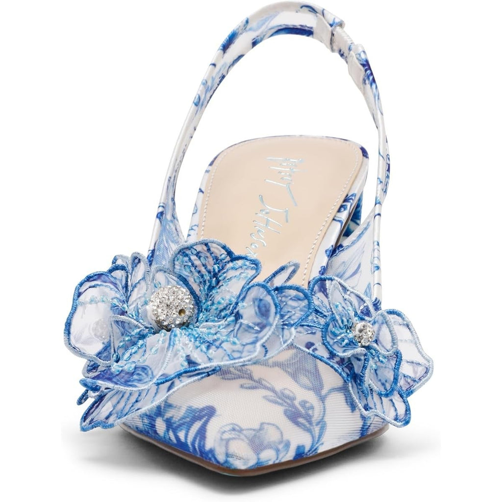 Betsey Johnson Womens Petra Slingback Heels Size 5 White Blue Floral Chiffon NIB