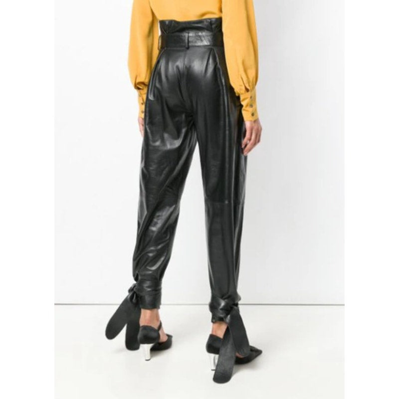 ATTICO Women's Leather Paper Bag Pants IT 40 US Small Black Tie Cuff Belted NWT