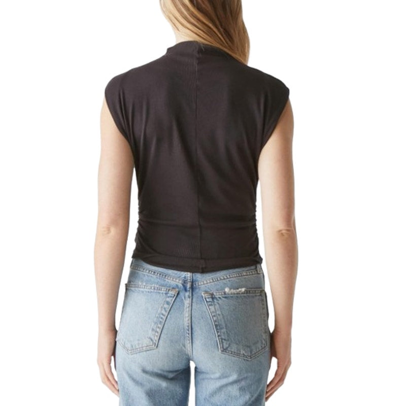 MICHAEL STARS Women's Amara Powershoulder Top Medium Black Mock Neck Ribbed NWT