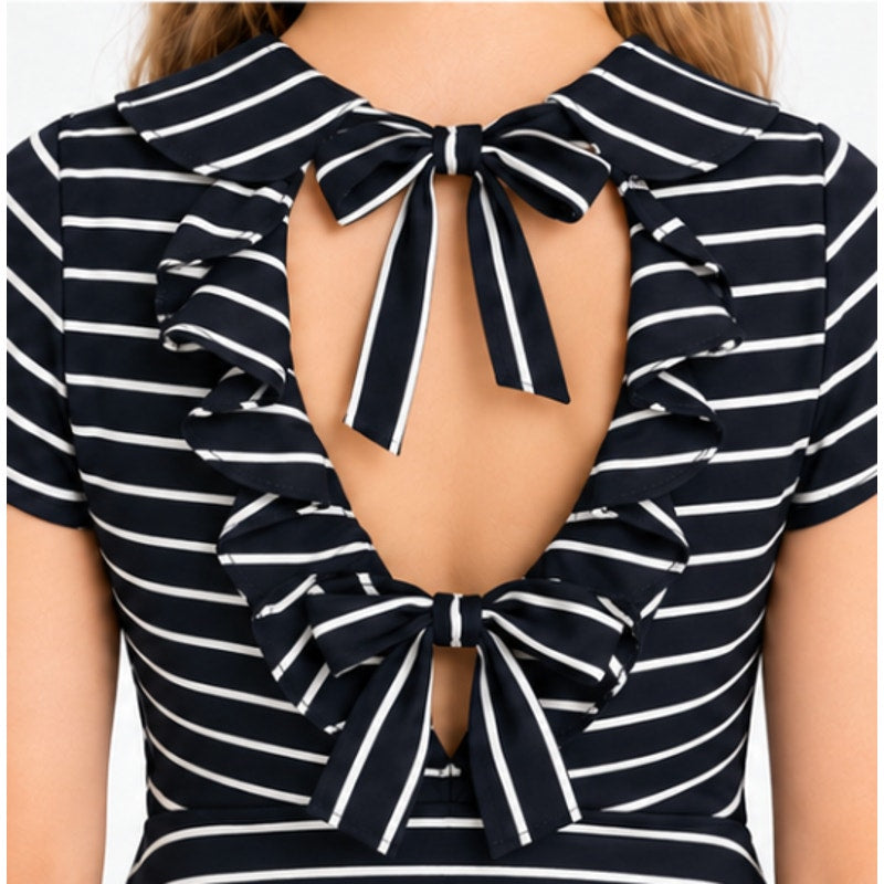 BARDOT JUNIOR Girl's Lola Open Back Dress Size 10 Black White Stripe NWT