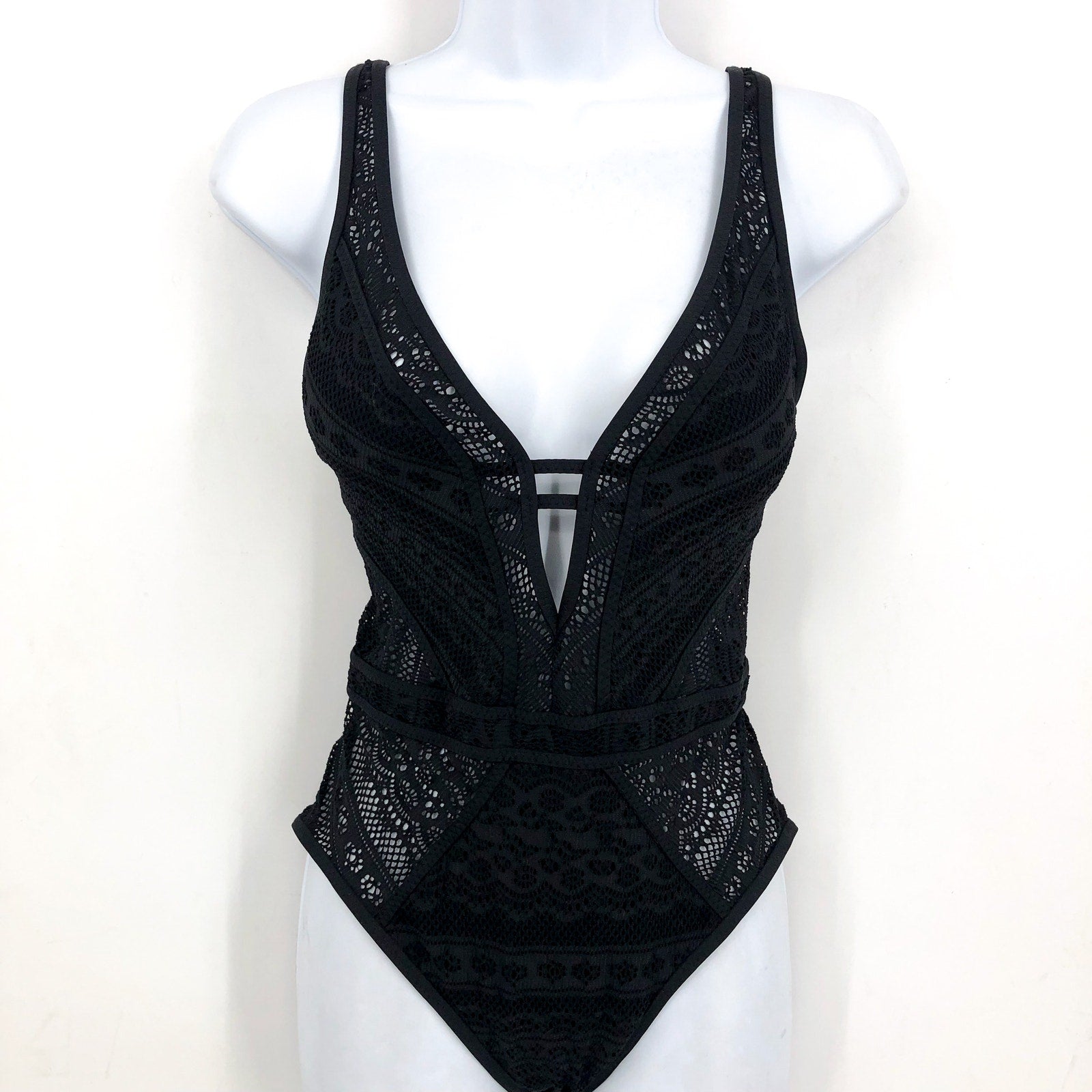 BECCA Womens Color Play Crochet Plunge One Piece Swimsuit Large Black NWT