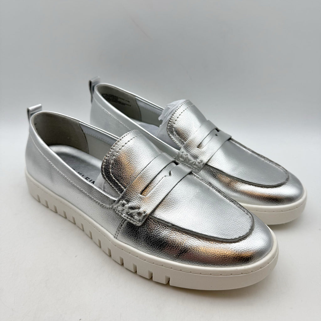 Anne Klein Womens Kalypso Penny Loafers US 9.5 M Silver Metallic Slip On NIB