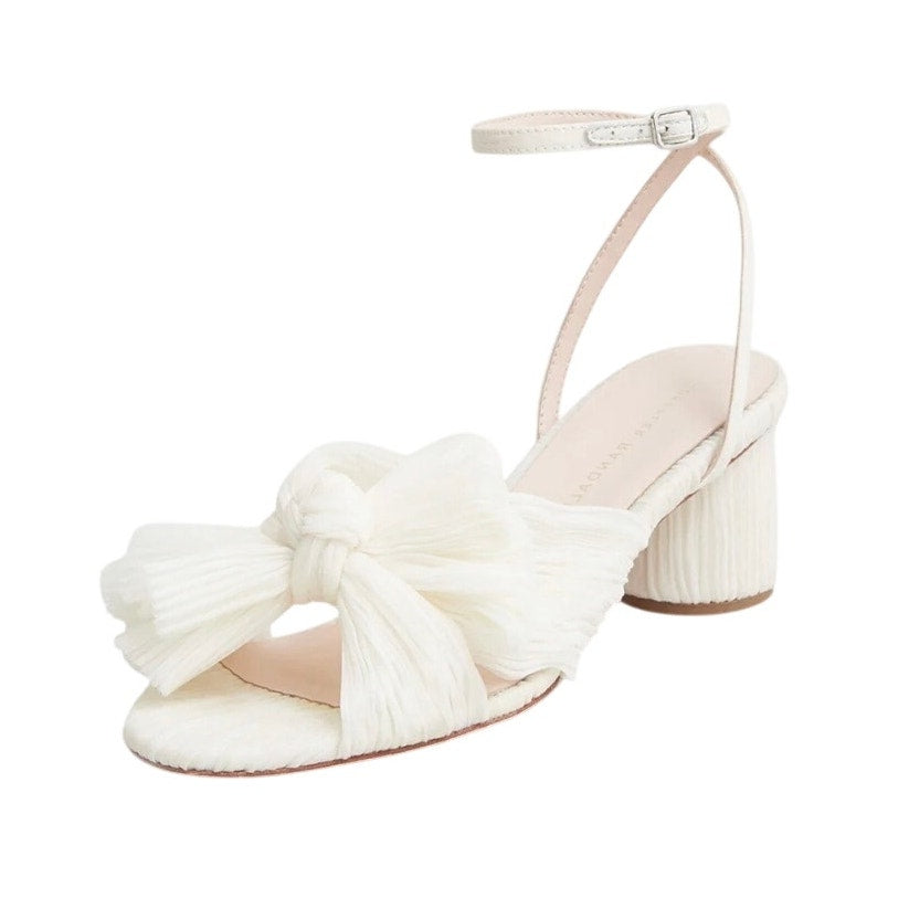 Loeffler Randall Women Dahlia Pleated Bow Heels US 6 Pearl Ivory Ankle Strap NIB