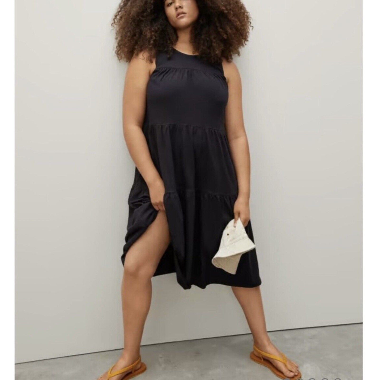 Everlane Womens Midi Dress XS Black The Weekend Tiered Cotton Sleeveless NWOT
