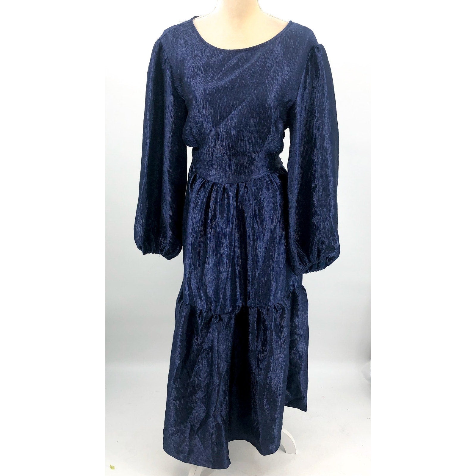 TOPSHOP Open Back Midi Dress Size 10 Midnight Blue Premium Textured Jacquard NWT
