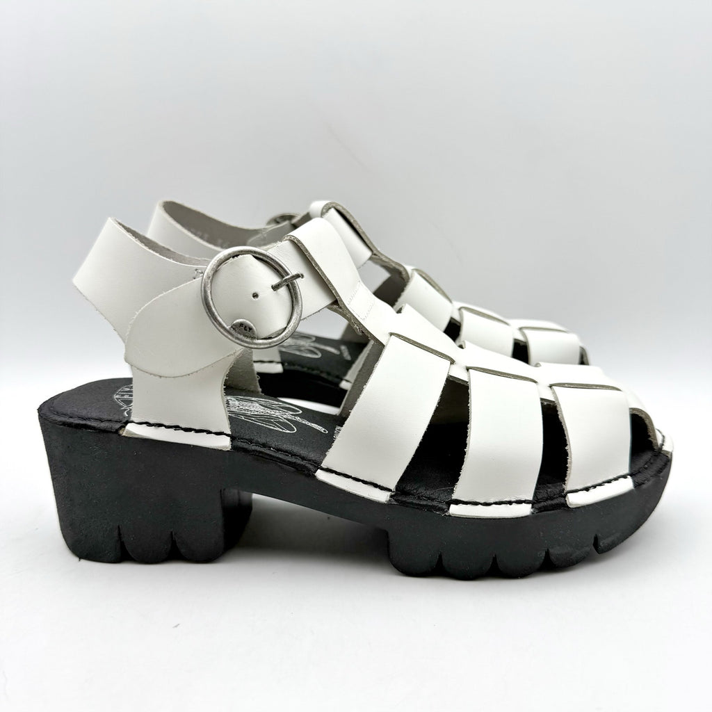 Fly London Womens Emme511fly Heeled Sandals EU 36 US 5.5 White Black Leather NIB