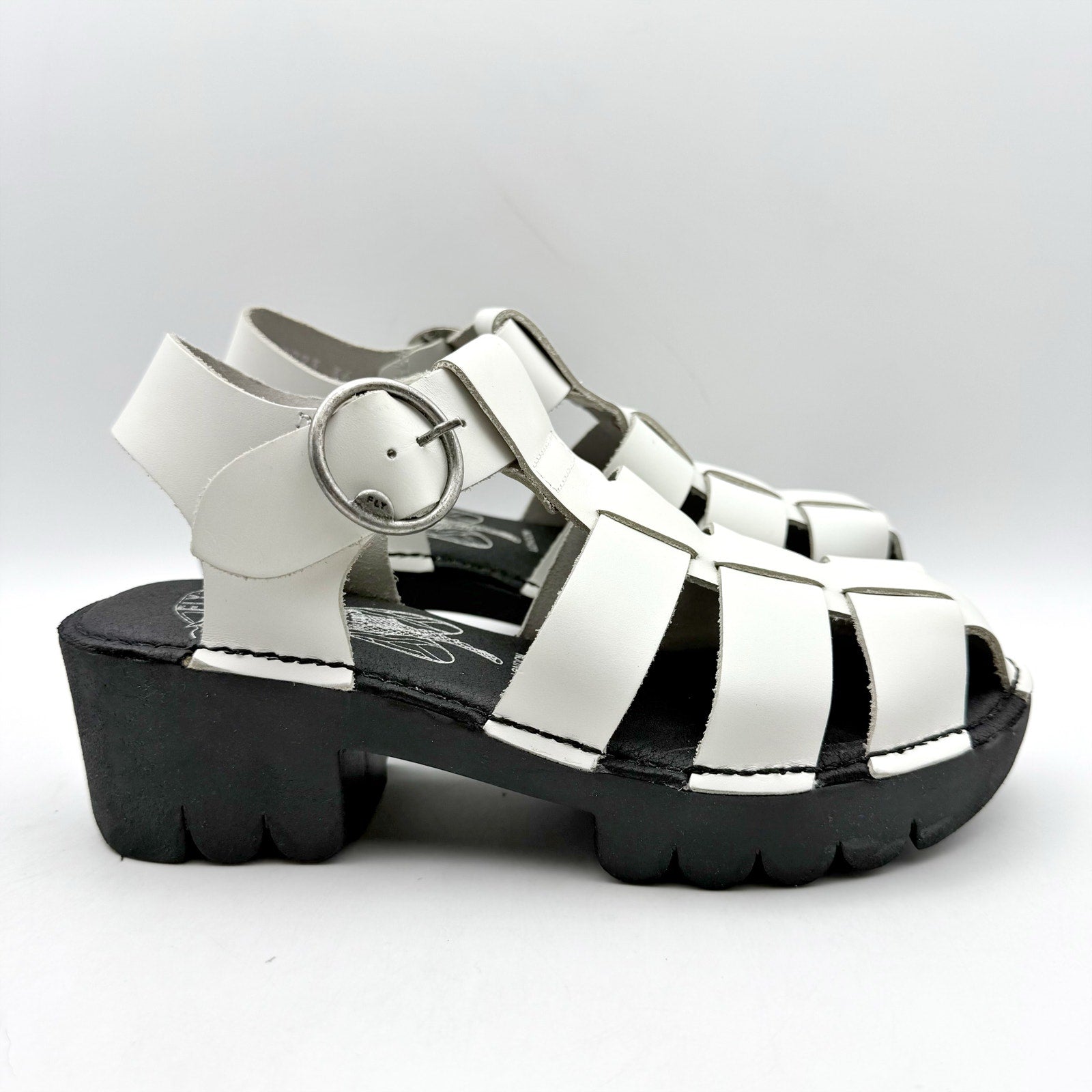 Fly London Womens Emme511fly Heeled Sandals EU 36 US 5.5 White Black Leather NIB