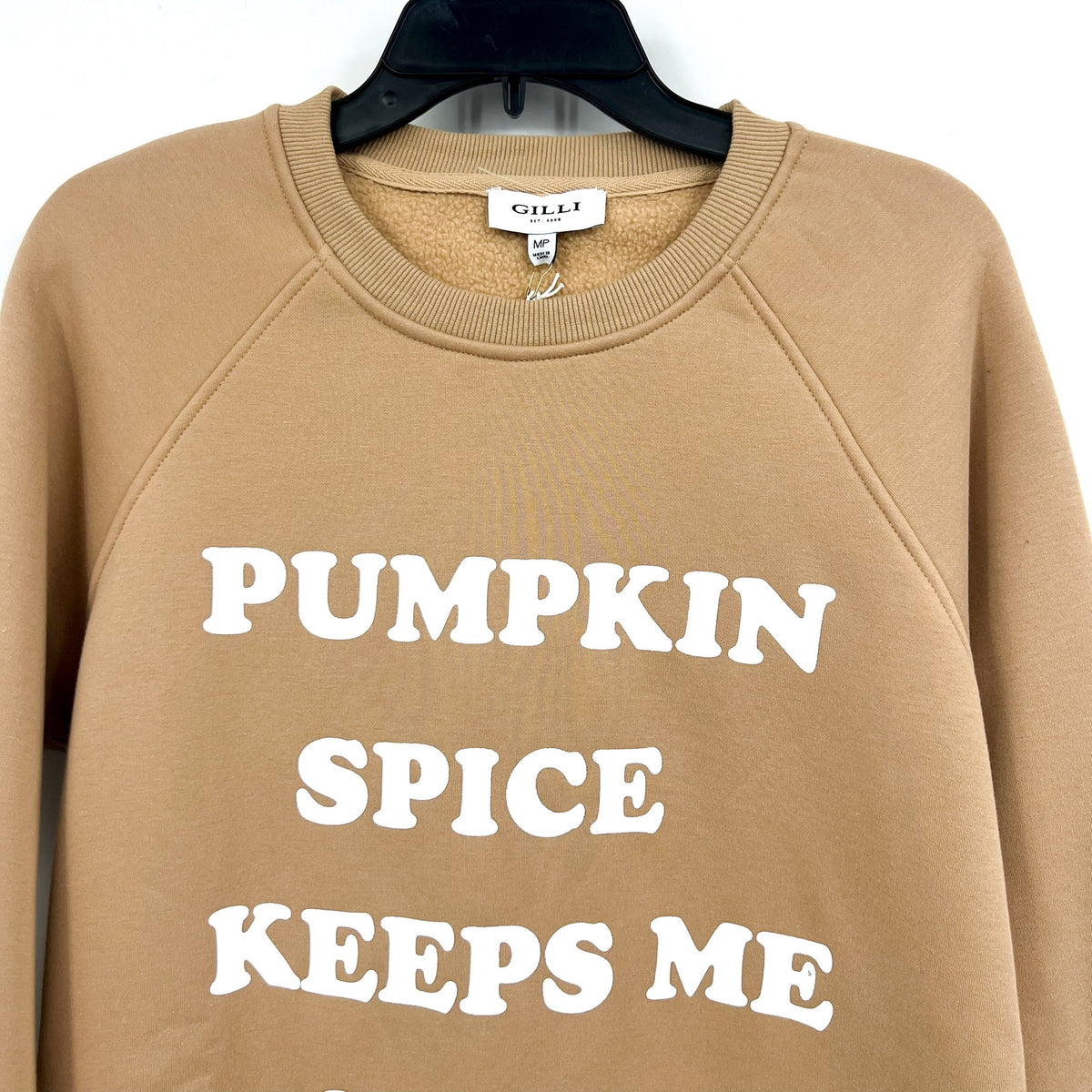 GILLI Pumpkin Spice Keeps Me Nice Crew Sweatshirt Medium Petite Tan NWT