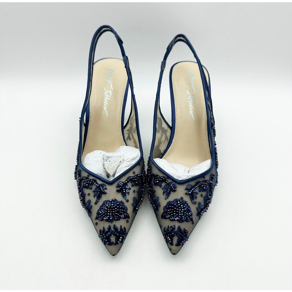 Blue Betsey Johnson Womens Nikki High Heels Size 7 Navy Blue Lace Sling Back NIB