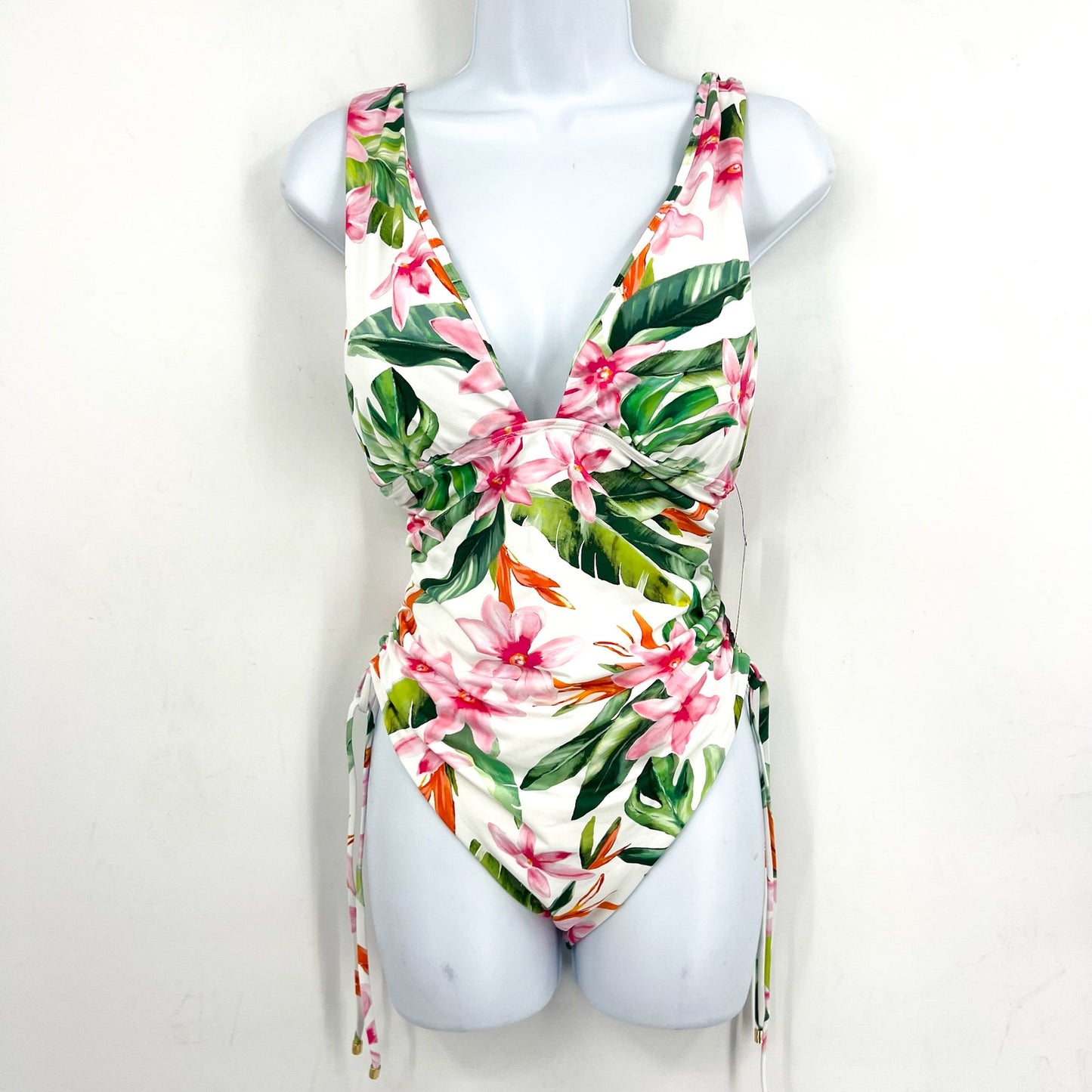 LAUREN RALPH LAUREN Plunge One Piece Swimsuit 6 White Watercolor Floral NWT