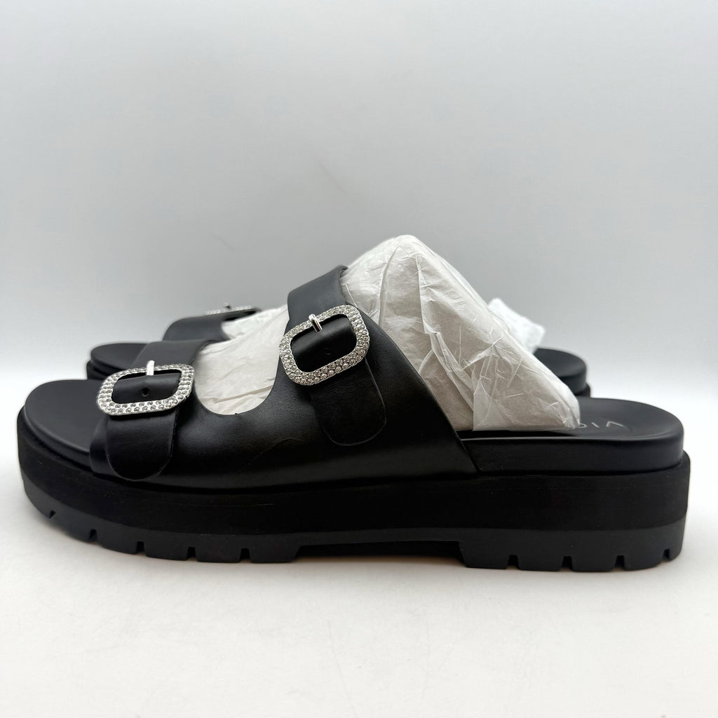 Vionic Womens Capitola Lug Platform Sandals US 11 Black Leather Rhinestone NWOB