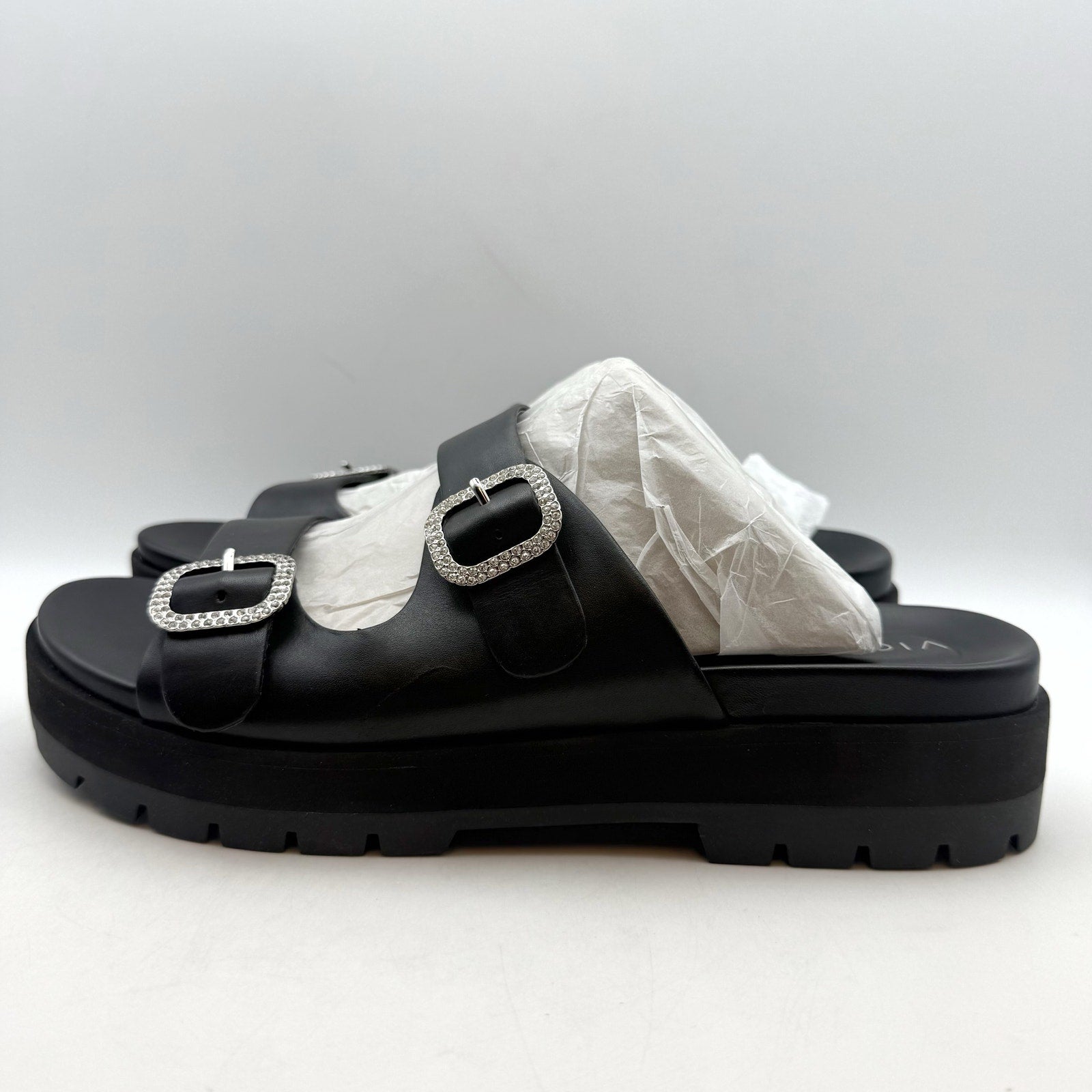 Vionic Womens Capitola Lug Platform Sandals US 11 Black Leather Rhinestone NWOB