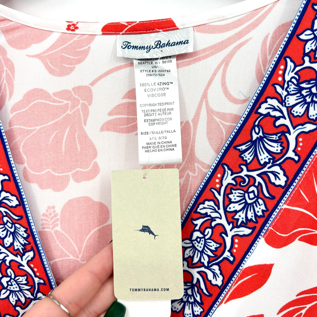 TOMMY BAHAMA Women's Fiori Border Beach Tunic Cover Up Large XL White Red NWT