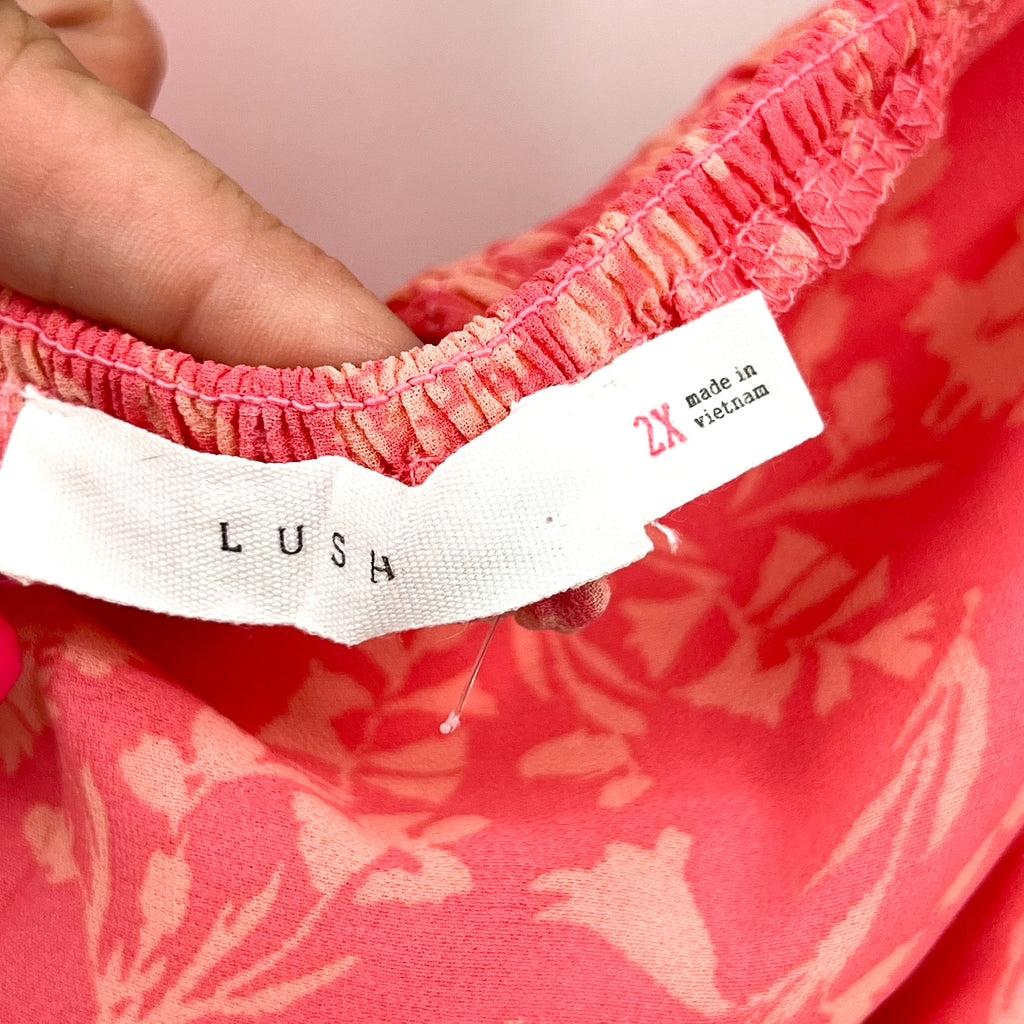 LUSH Women's Smocked Blouse 2X Pink Floral Ruched Flutter Sleeve NWT