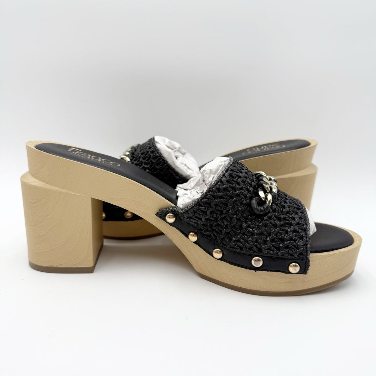 Franco Sarto Womens Capri Dressy Heeled Sandals Size 8 M Black Natural Wood NIB