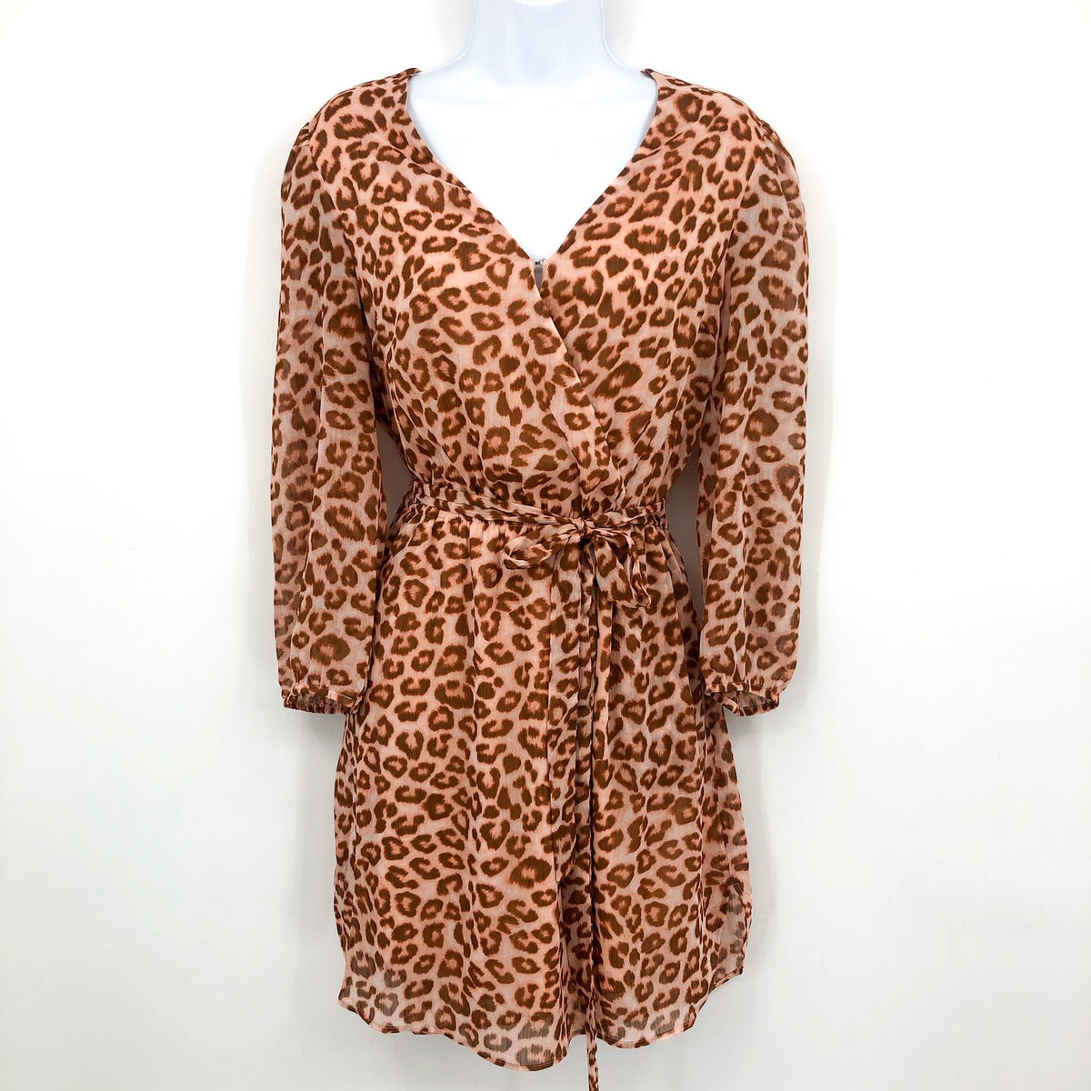 DR2 Women's Leopard V Neck Wrap Dress Small Blush Long Sleeves Lined NWT