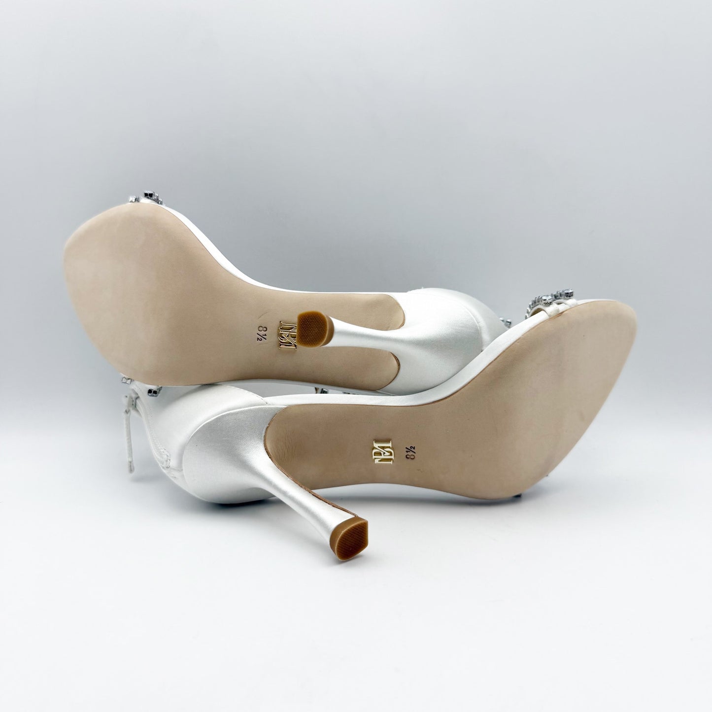 Badgley Mischka Womens Logan Heeled Sandals US 8.5 Silver Leather Crystal NIB