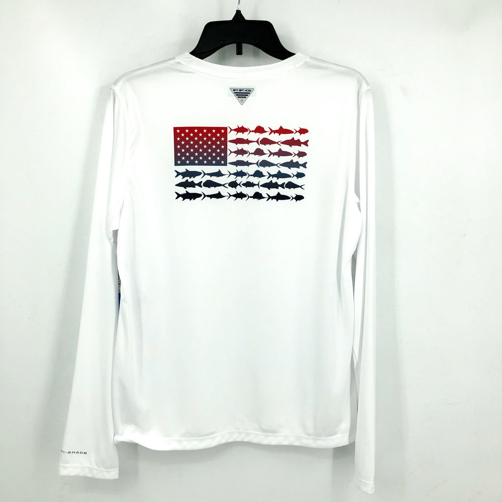 COLUMBIA Women's Tidal Tee PFG Fish Flag T-Shirt Large White USA Long Sleeve NWT
