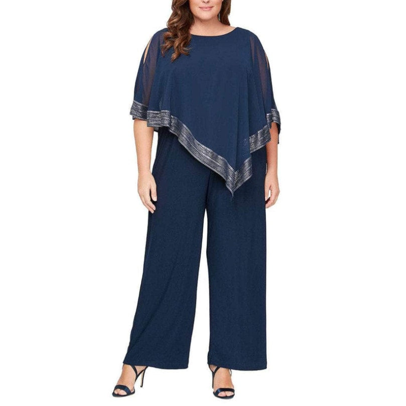 SLNY Women's Metallic Trim Cape Jumpsuit 18W Navy Blue Silver Asymmetrical NWT