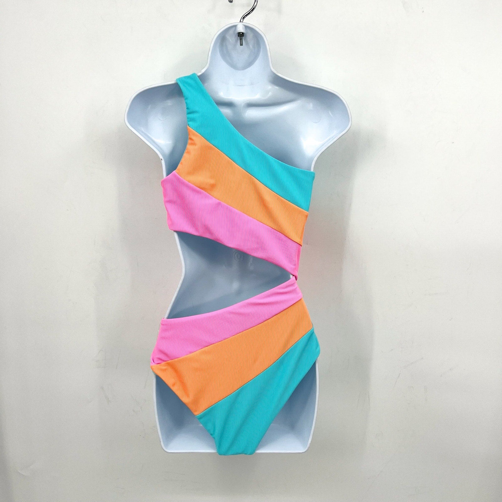 BEACH RIOT Joyce One Shoulder One Piece Swimsuit Small Pink Blue NWOT