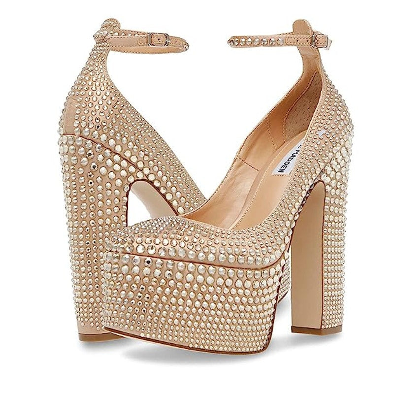 Steve Madden Womens Skyrise Platform Pumps US 6 M Tan Rhinestone NWOB