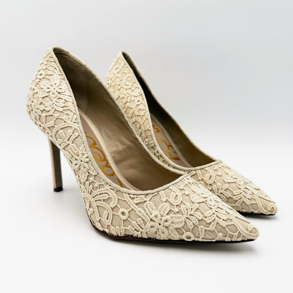 Sam Edelman Womens Hazel Pointed Toe Pumps Size 7 Wide EU 37 Ivory Lace NIB