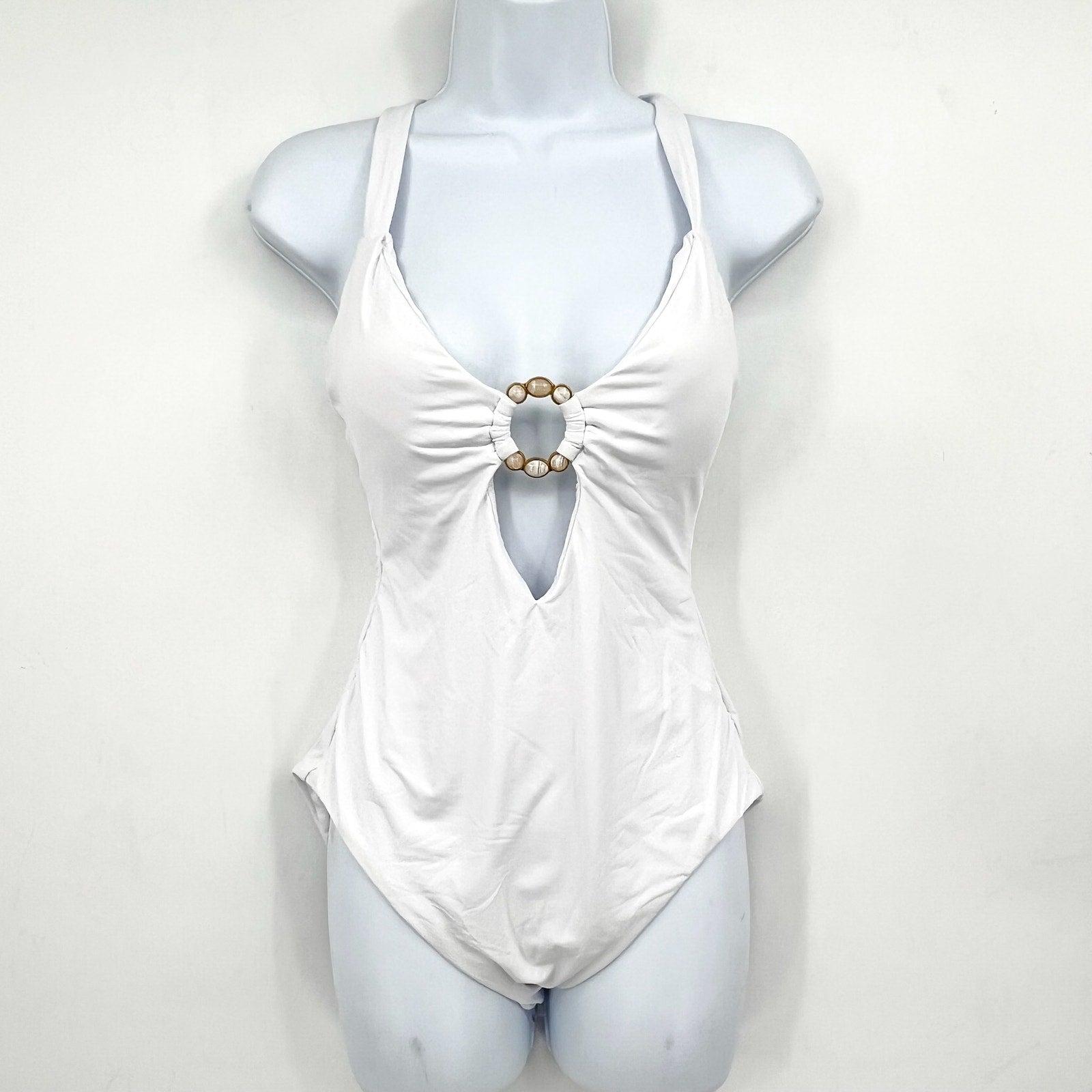 BECCA Women's Marble Canyon Ring One-Piece Swimsuit Large White V Neck NWT