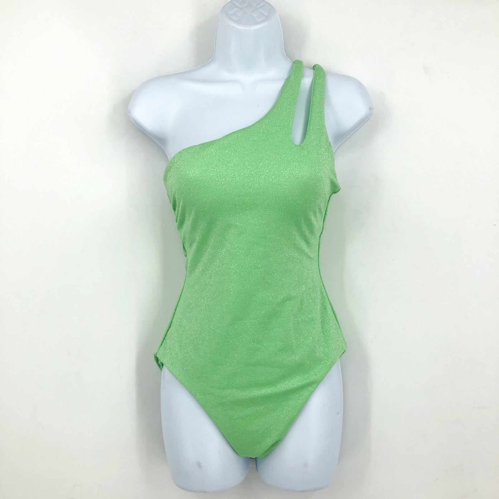BECCA Glimmer Sparkly One Shoulder One Piece Swimsuit Medium Lime Green NWT