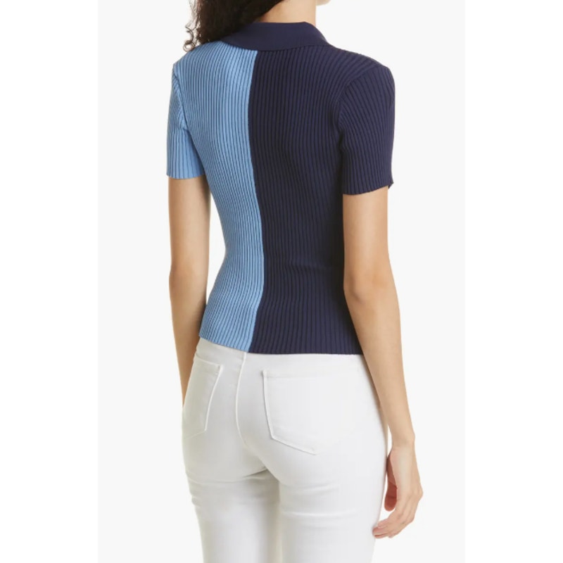 STAUD Women's Brice Bicolor Polo Shirt Medium Blue Colorblock Ribbed Knit NWOT