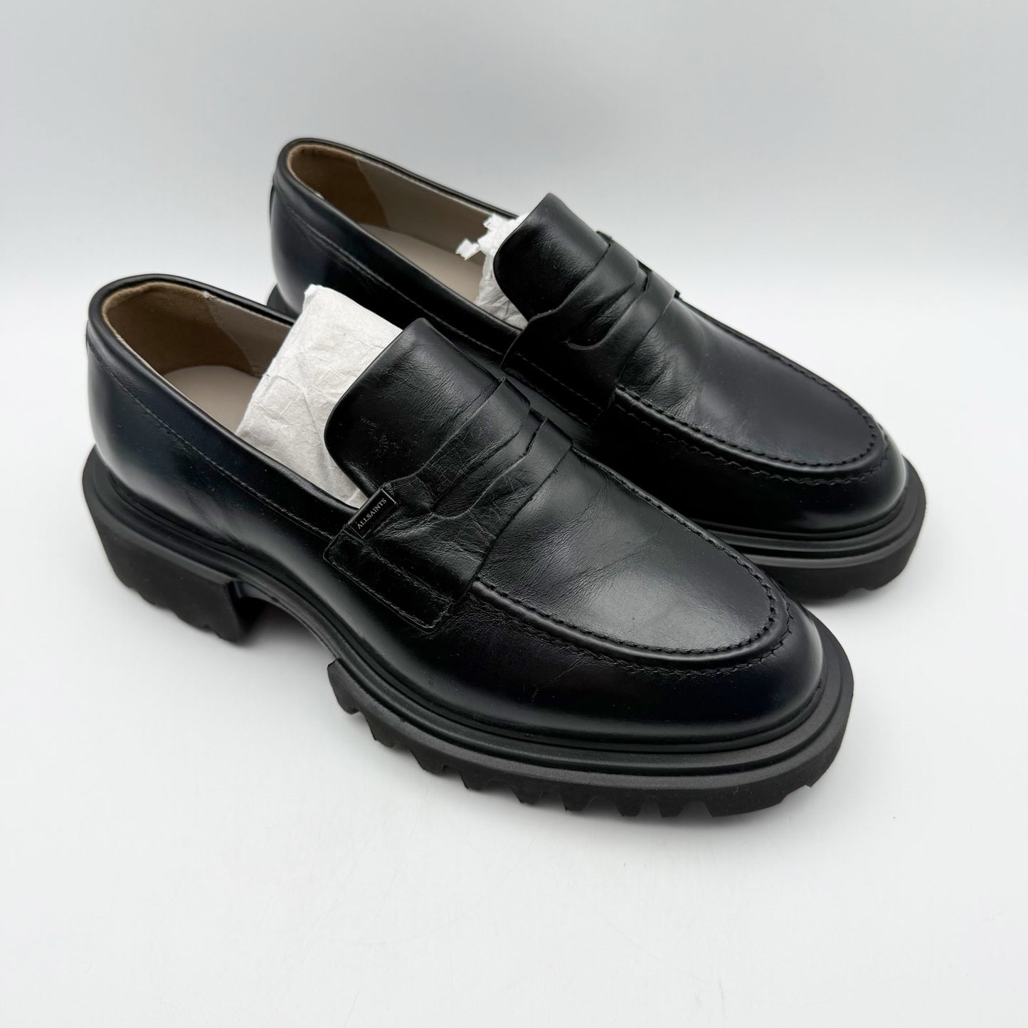 Allsaints Womens Lola Loafers US 7 EU 37 Black Leather Chunky Lug Sole NWOB