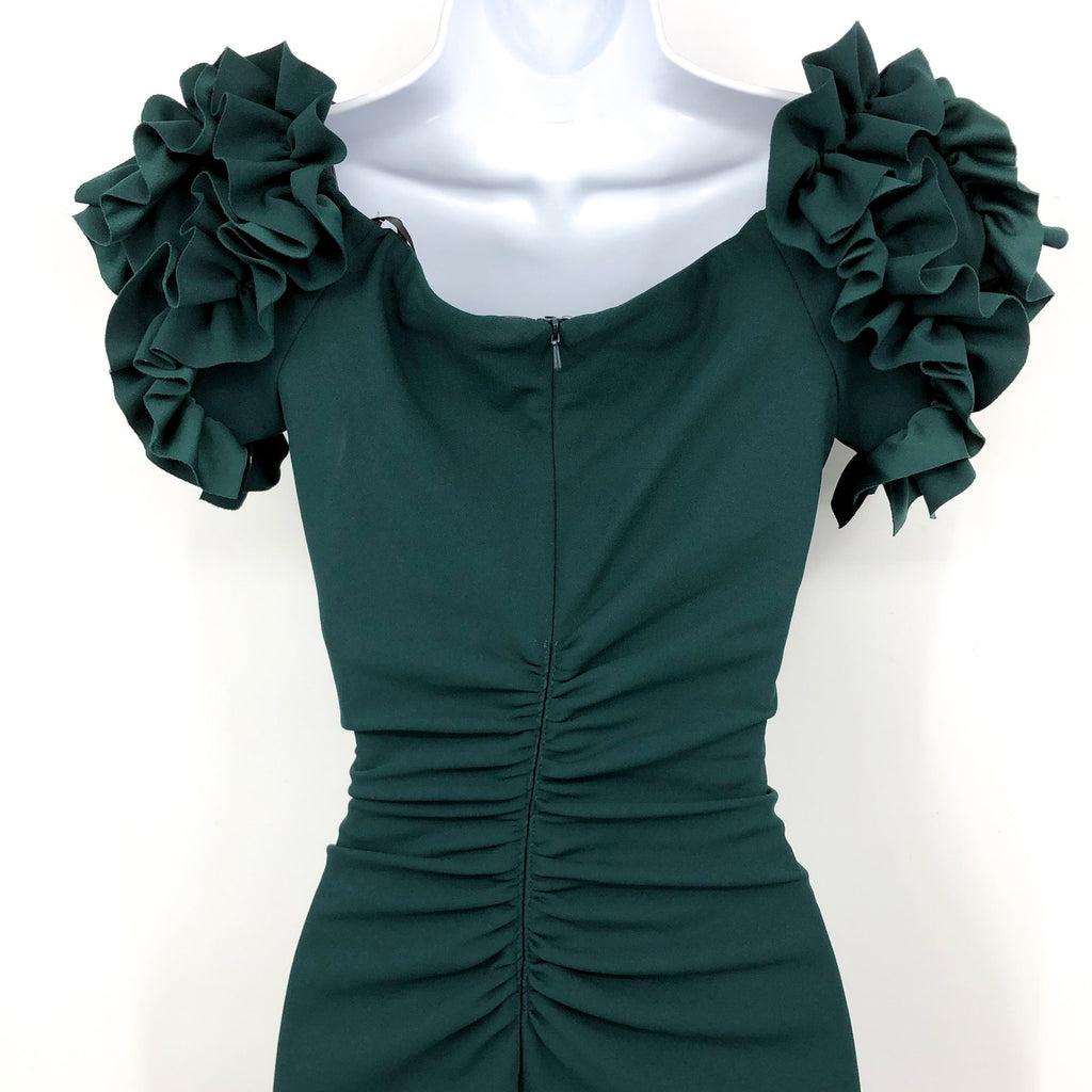 XSCAPE Women's Scuba Crepe Ruffle Midi Dress Size 6 Green Off the Shoulder NWT