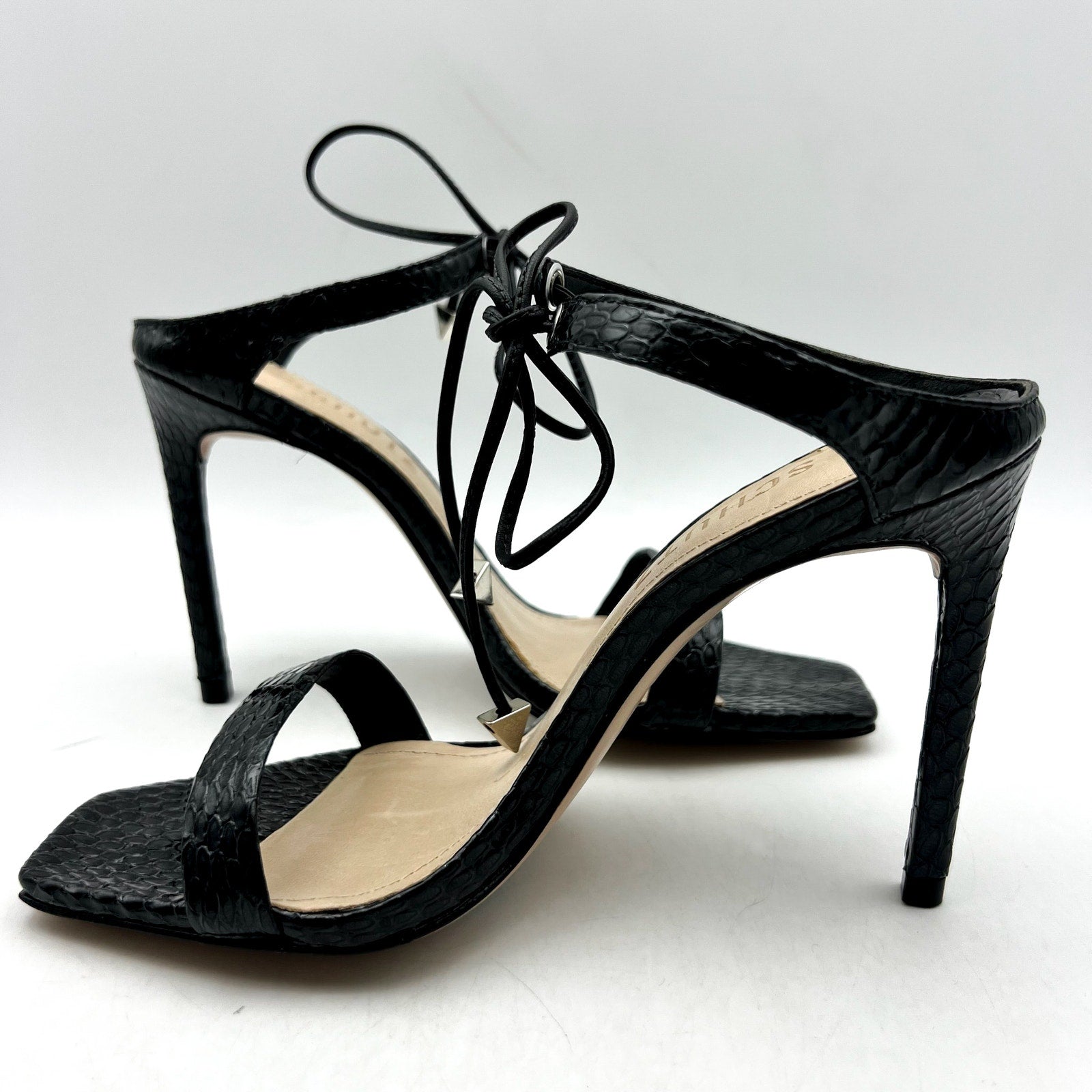SCHUTZ Womens Mavis Heel Sandals Size 5.5 B Black Snake Shine Leather NIB