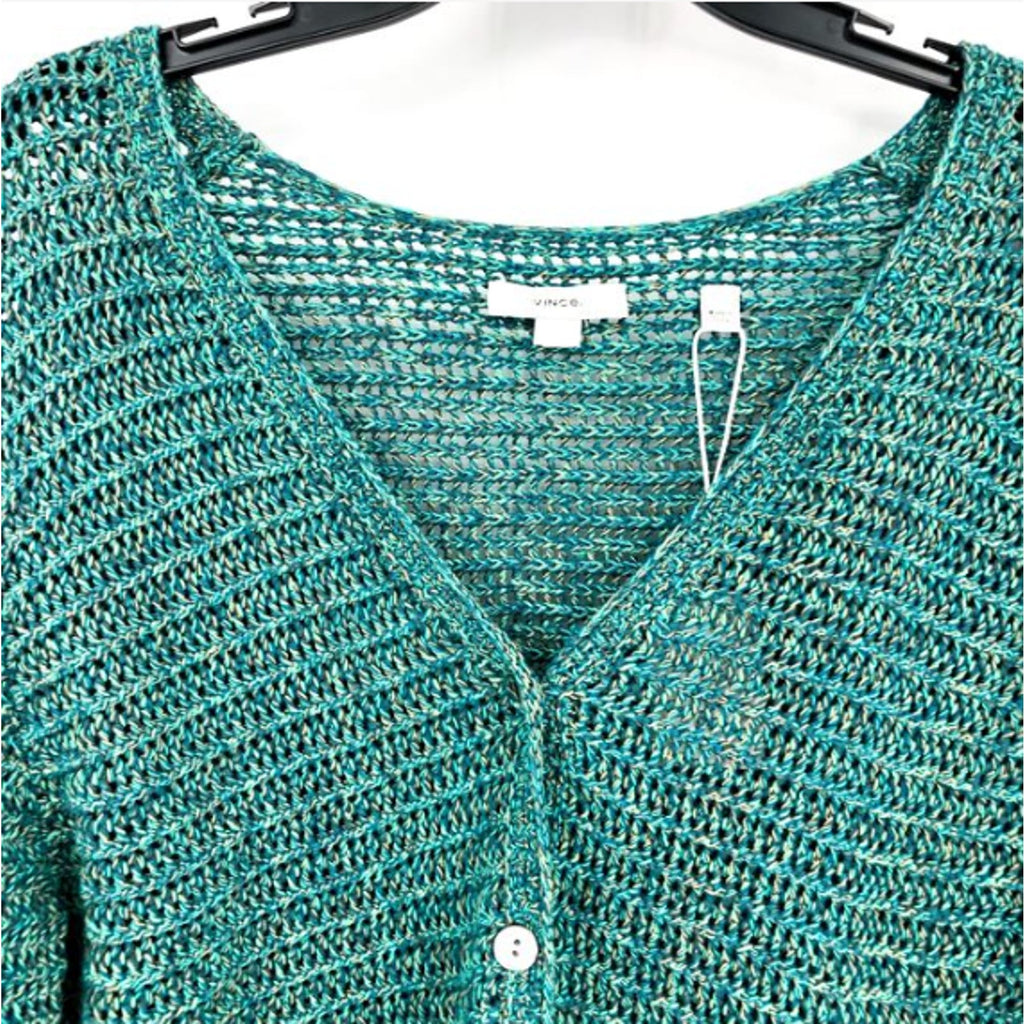 VINCE Women's Marled Crochet Cardigan Green Marl Small V-Neck Cotton NWT