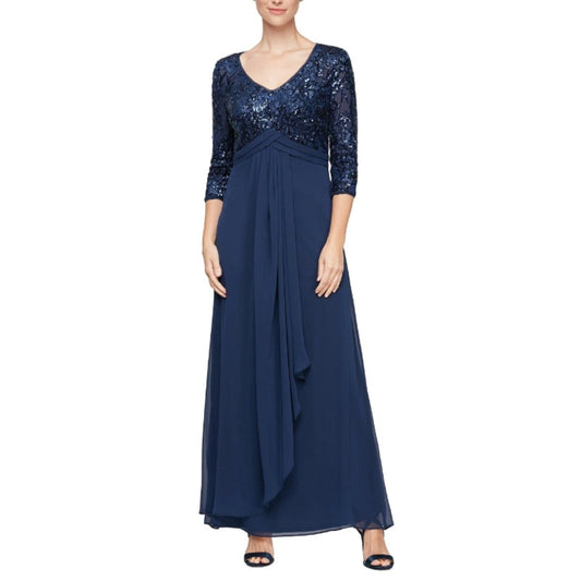 ALEX EVENINGS 8196784 Floral Sequin Formal Dress Size 10 Navy Blue NWT