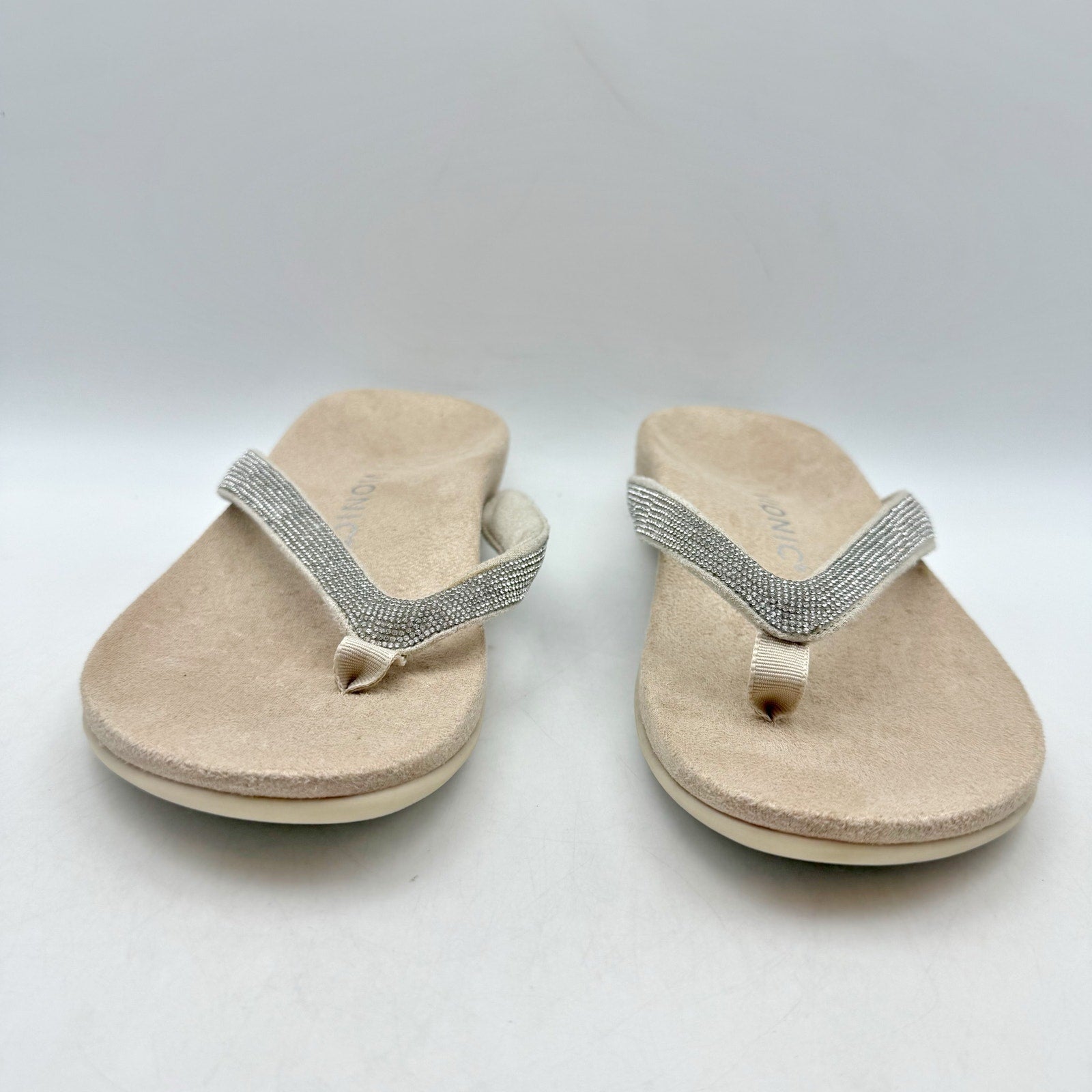 VIONIC Womens Dillon Shine Sandals US 5 WIDE EU 35 Cream Rhinestone Slip On NWOB
