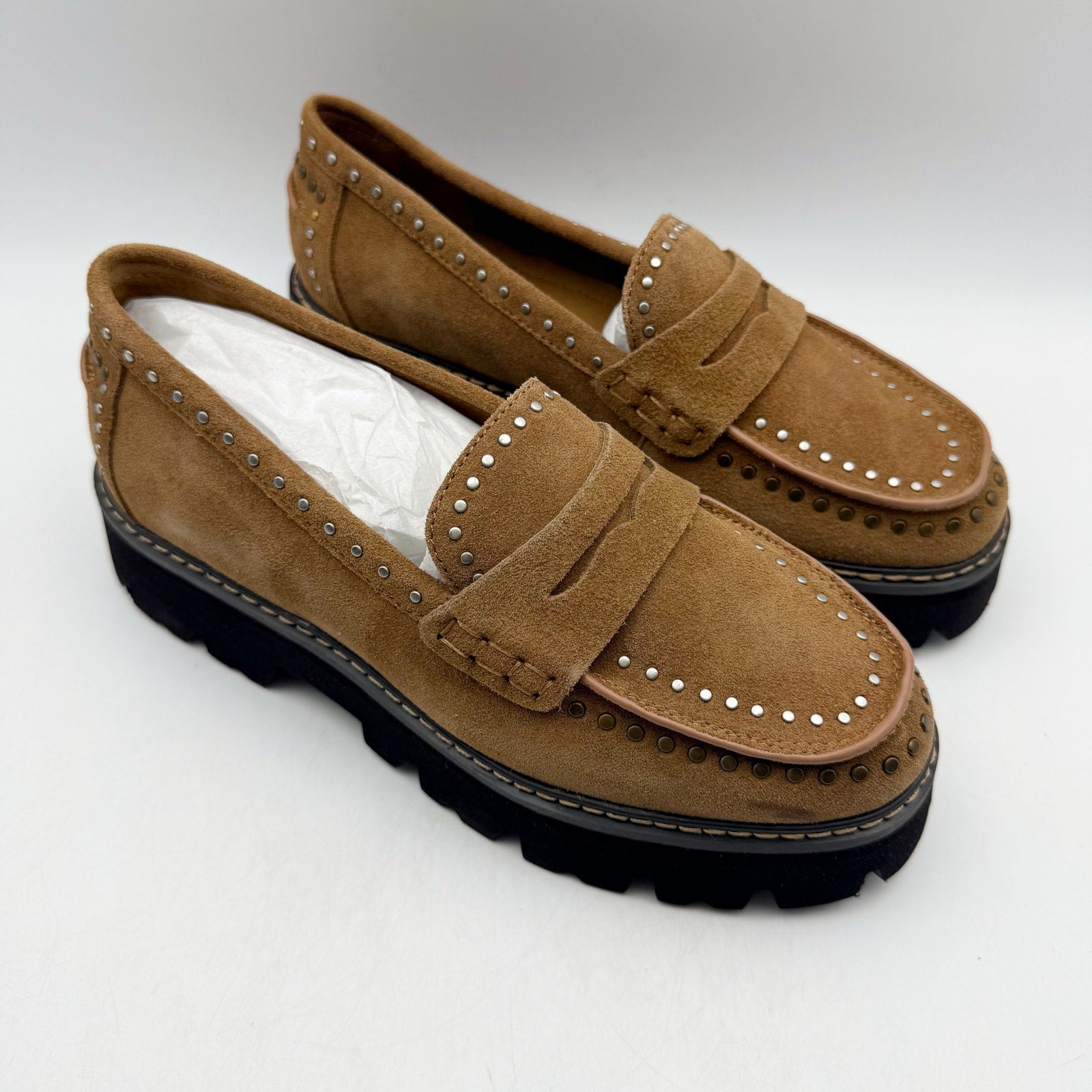 Donald Pliner Womens Massy Loafers US 5.5M EU 36 Brown Suede Studs NWOB