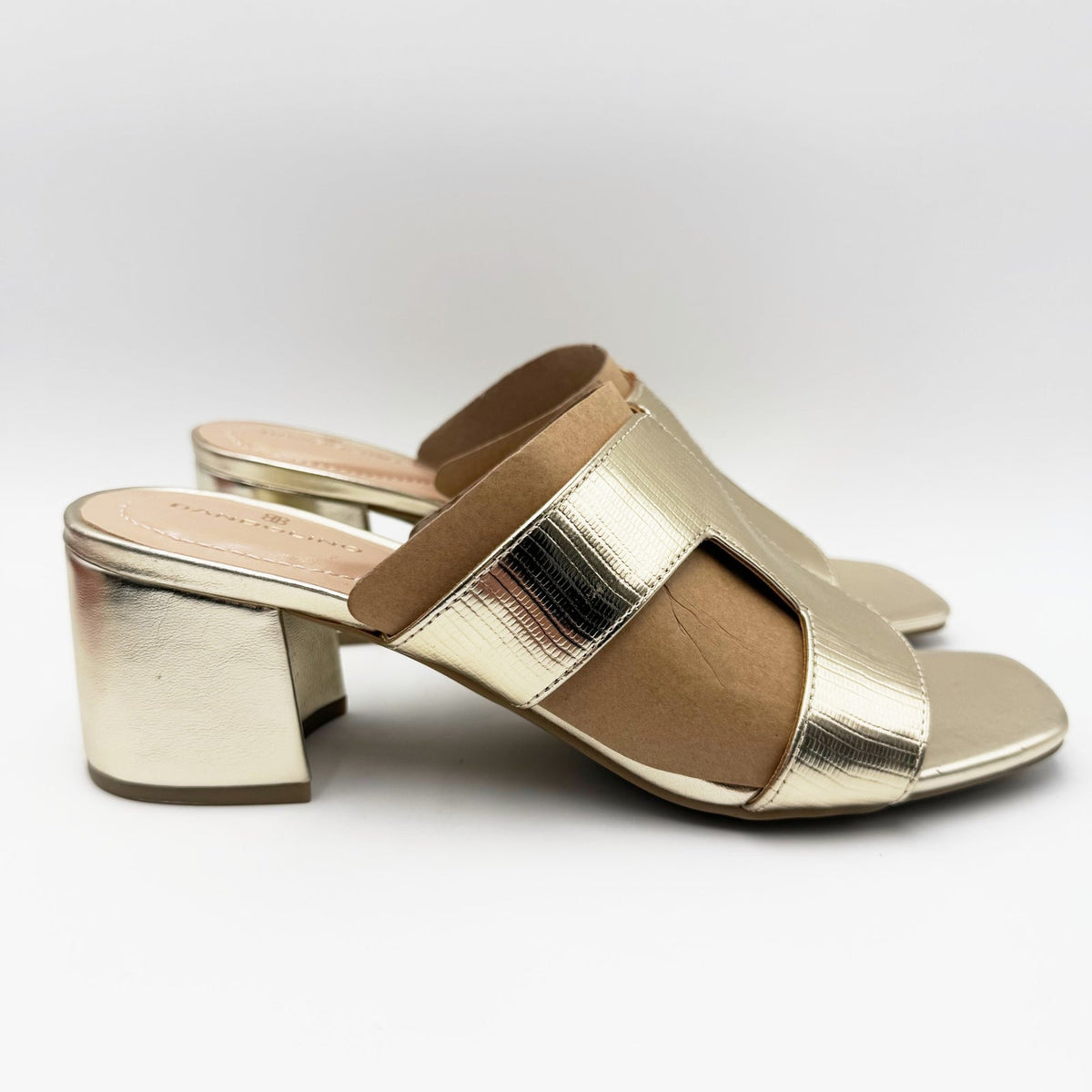 Bandolino Womens Merring Block Heel Slide Sandals Size 9 Gold Lizard NIB