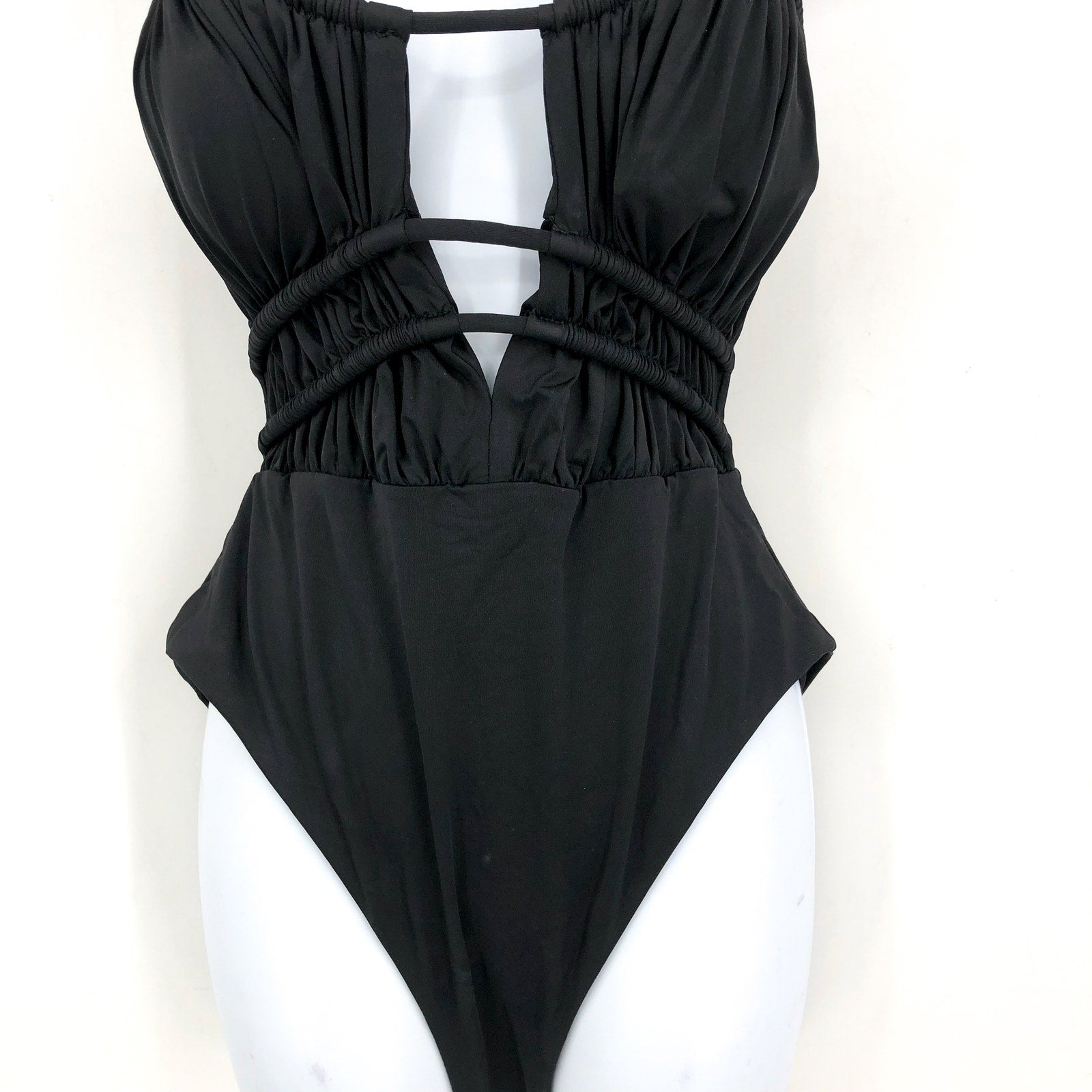 BECCA Women's Color Code Sarai One Piece Swimsuit Large Black Plunge Cutout NWT