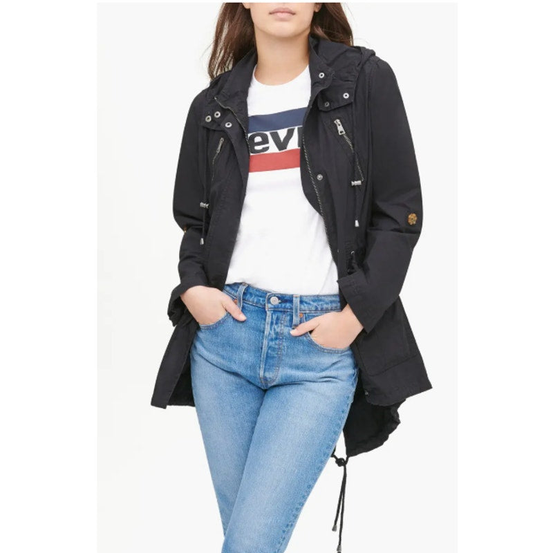 LEVI'S Womens Parachute Hooded Utility Jacket Large Black Drawstring Cotton NWOT