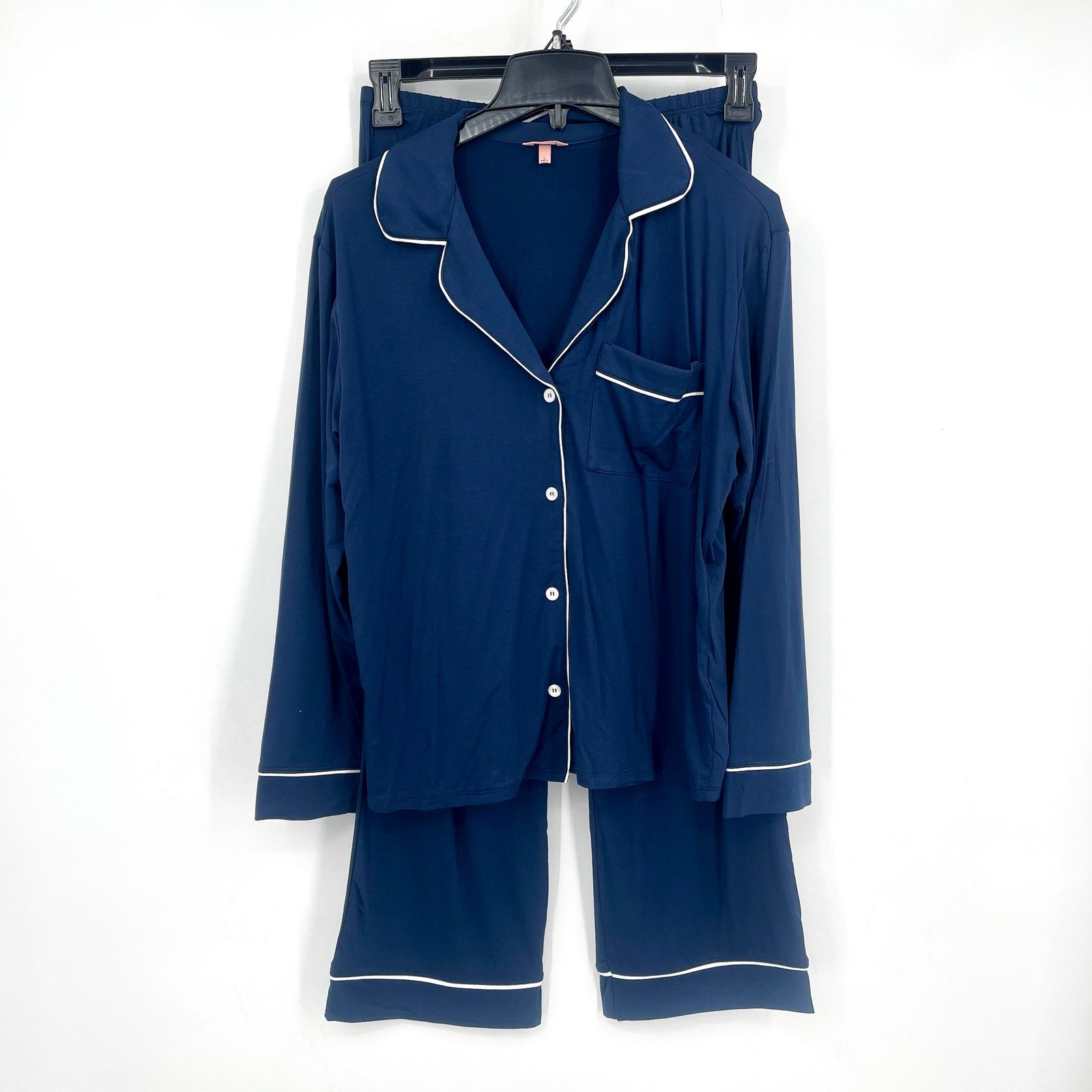 EBERJEY Women's Gisele Long PJ Set Small Navy Blue Ivory TENCEL Modal NWOT