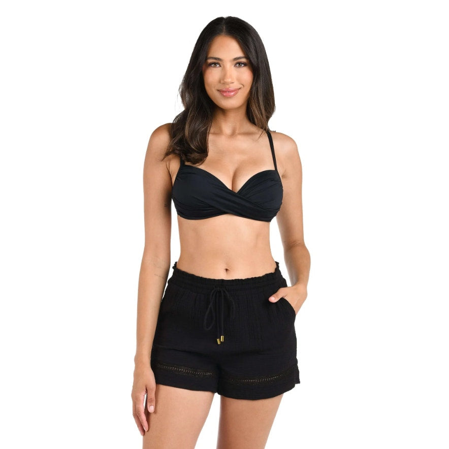 LA BLANCA Womens Seaside Coverup Beach Shorts Large Black Gauze Drawstring NWT