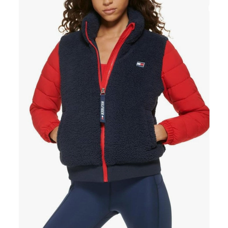 Tommy Hilfiger Sport Womens Sherpa Winter Coat Small Navy Blue Red Full Zip NWT