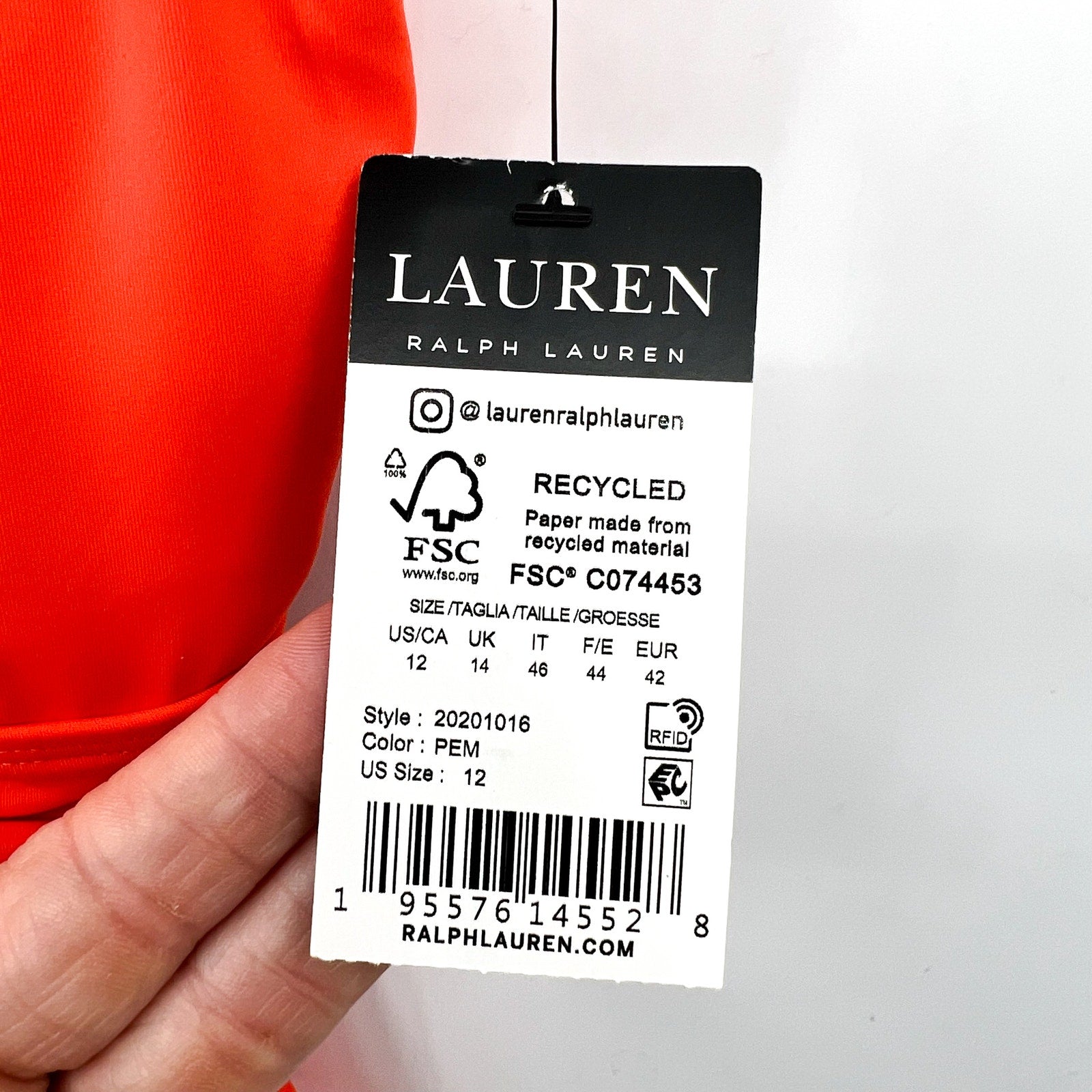 LAUREN RALPH LAUREN Ring One Piece Swimsuit Size 12 Orange Over The Shoulder NWT