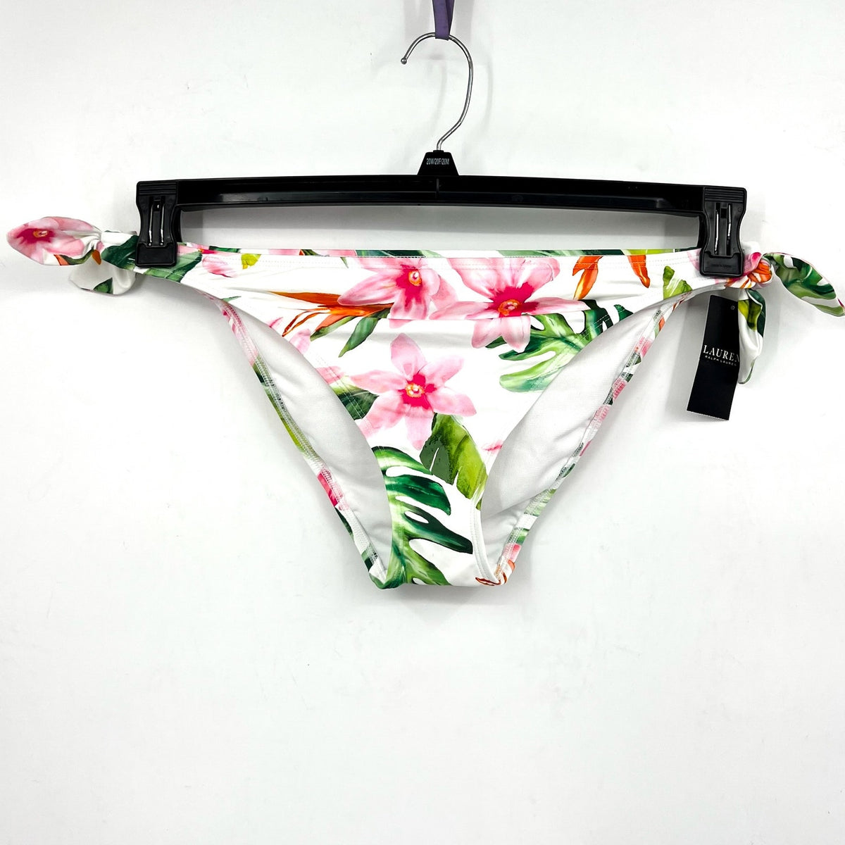 LAUREN RALPH LAUREN Hipster Bikini Bottom Size 16 White Pink Floral Side-Tie NWT
