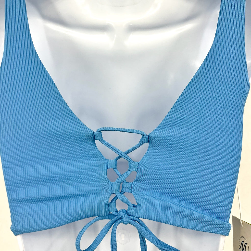 MAAJI Women's Long Line Triangle Bikini Top Medium Allure Blue Lace Up Back NWT